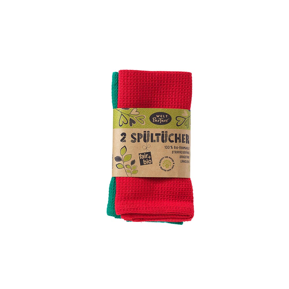 2er-Set Spültücher, 30 x 30 cm, rot-grün aus Bio-Baumwolle