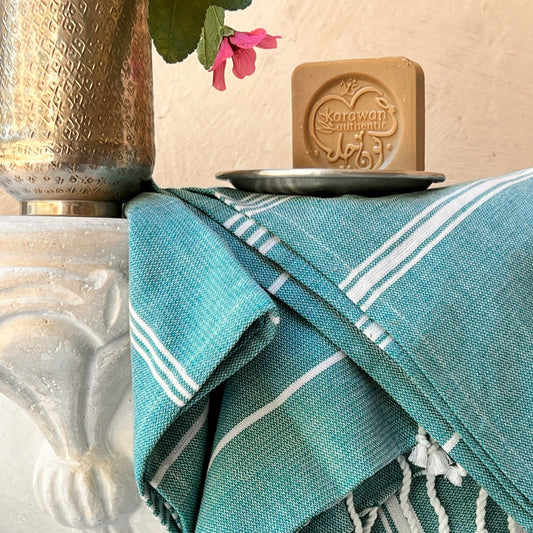 Fouta Hamam, weiß-atollblau, Biobaumwolle