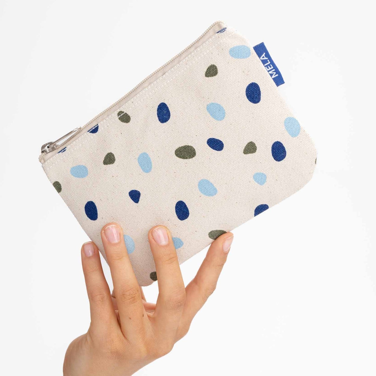 Kleine Kosmetiktasche, greige, blue dots, fairtrade & GOTS zertifiziert