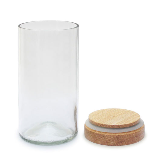 Vorratsglas mit Eichenholz-Deckel, aus recycelten Weinflaschen