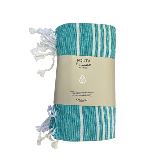 Fouta Hamam S, weiß-atollblau, Biobaumwolle