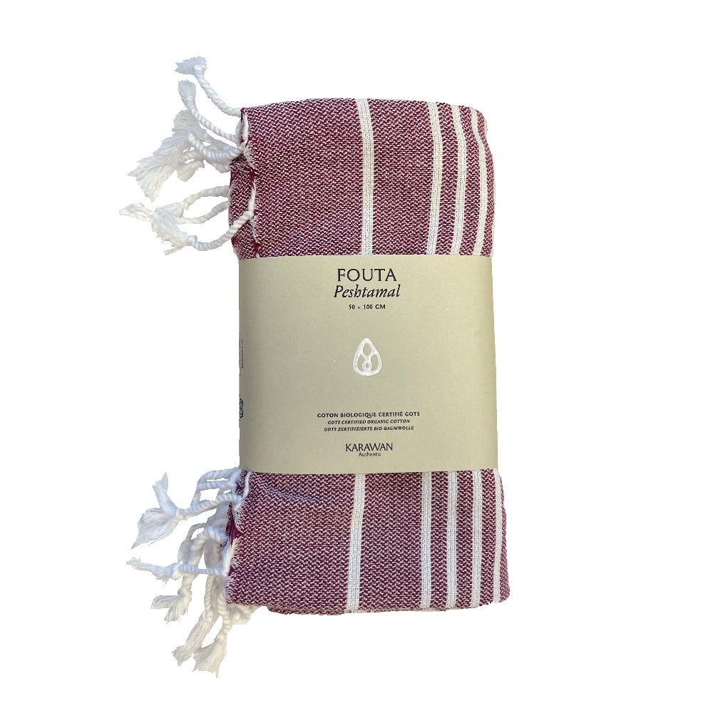 Fouta Hamam, weiß-bordeaux, 50*100cm, Biobaumwolle