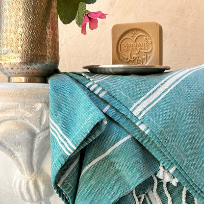 Fouta Hamam, weiß-atollblau, Biobaumwolle