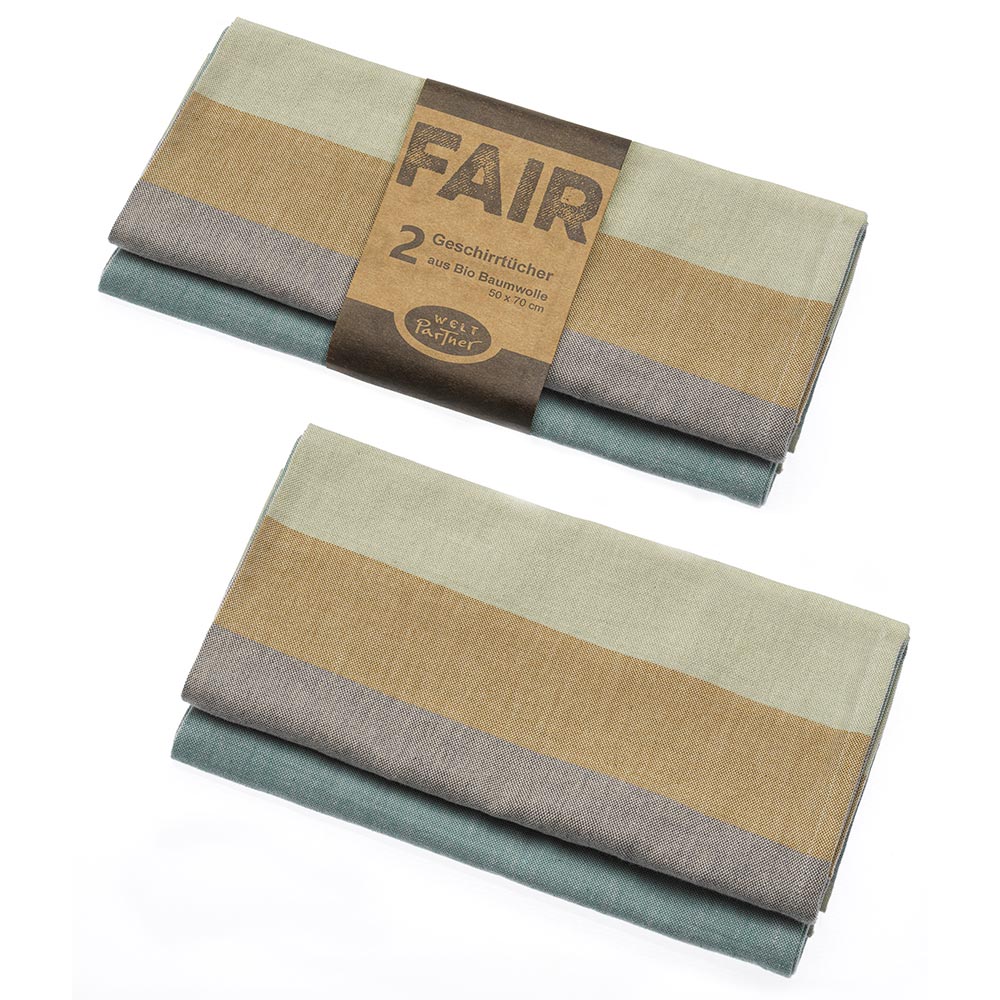 2 fairtrade Geschirrtücher „earth“ aus Biobaumwolle, mit breiten Streifen in hellblau und hellbraun