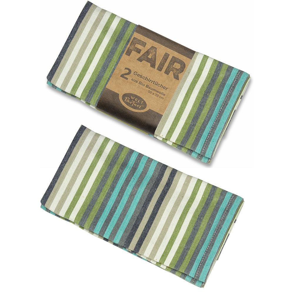 2 fairtrade Geschirrtücher „fresh air“ aus Biobaumwolle, mit schmalen Streifen in verschiedenen Grüntönen    