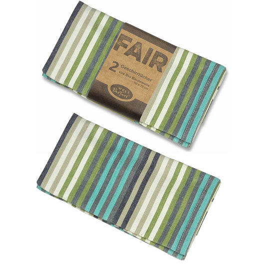 2 fairtrade Geschirrtücher „fresh air“ aus Biobaumwolle, mit schmalen Streifen in verschiedenen Grüntönen    