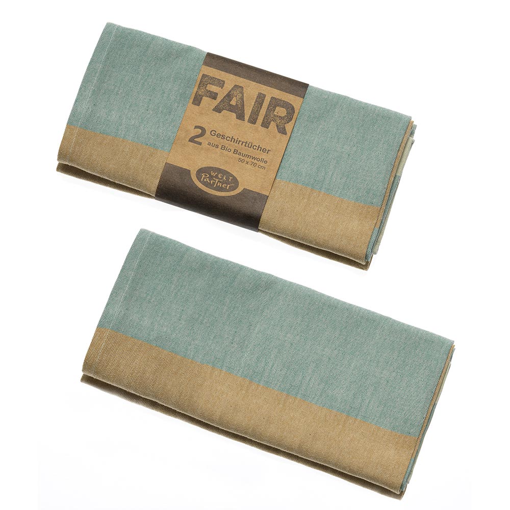 2 fairtrade Geschirrtücher „nature“ aus Biobaumwolle, mit breiten Streifen in braunen und grünen Naturtönen