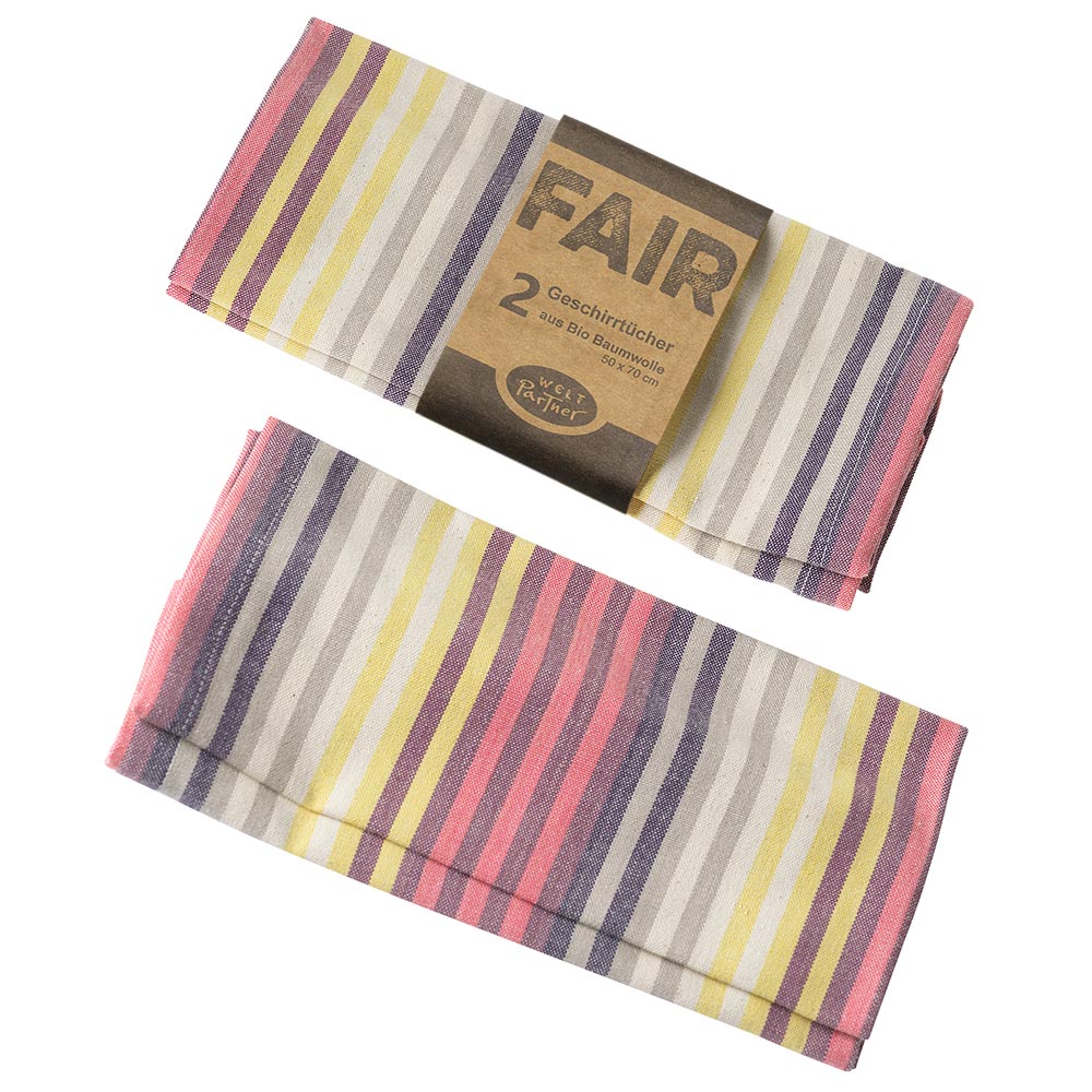 2 fairtrade Geschirrtücher „sunrise“ aus Biobaumwolle, mit schmalen rot-braun-gelben Streifen 
