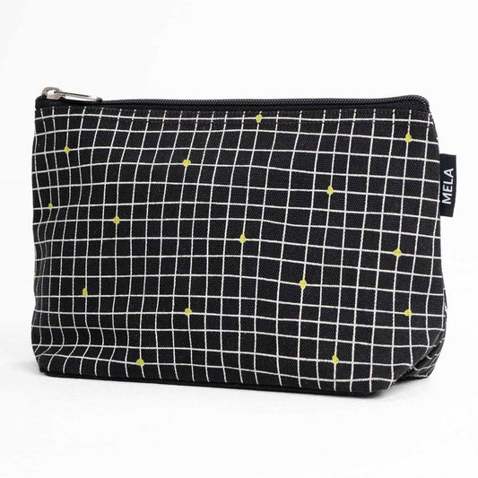Große Kosmetiktasche, black grid, fairtrade & GOTS zertifiziert