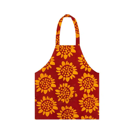 Kinderschürze Sonnenblumen, rot-gelb, Biobaumwolle, fairtrade