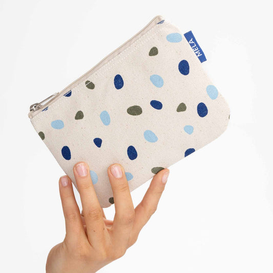Kleine Kosmetiktasche, greige, blue dots, fairtrade & GOTS zertifiziert