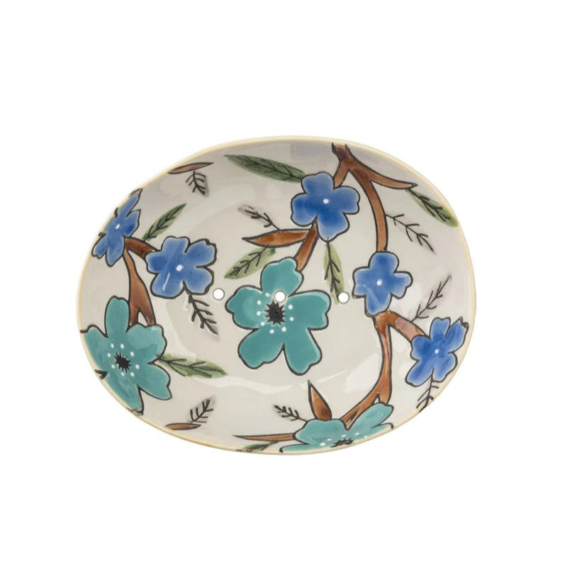 Ovale Seifenschale | 13 x 11 x 4 cm |  grün-blaues Blüten-Ornament  ❤ eco & fair Conceptstore ❤