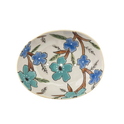 Ovale Seifenschale | 13 x 11 x 4 cm |  grün-blaues Blüten-Ornament  ❤ eco & fair Conceptstore ❤