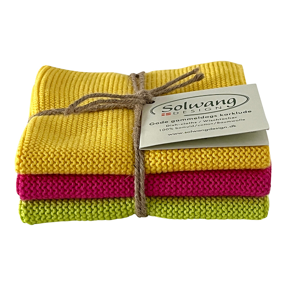 3er-Set Spültücher, Gelb-Pink-Lime, Bio-Baumwolle