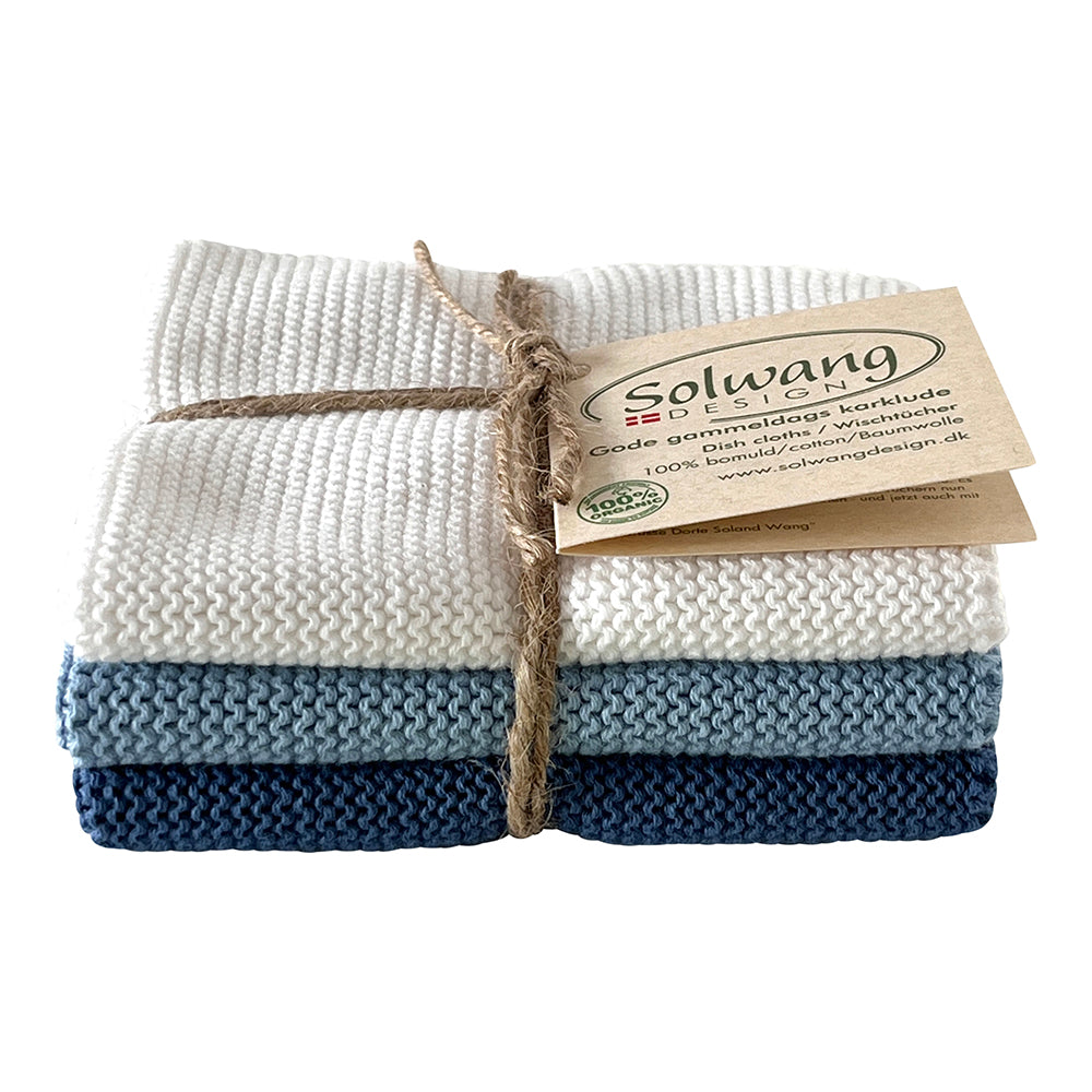 3er-Set Spültücher, weiss-blau, Bio-Baumwolle