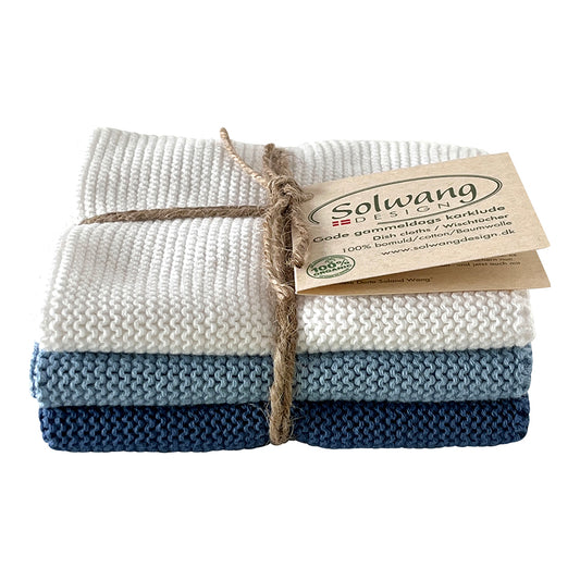 3er-Set Spültücher, weiss-blau, Bio-Baumwolle