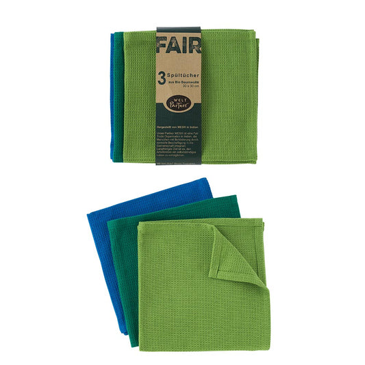 3er-Set fairtrade Spültücher „grün-blau“ aus Biobaumwolle