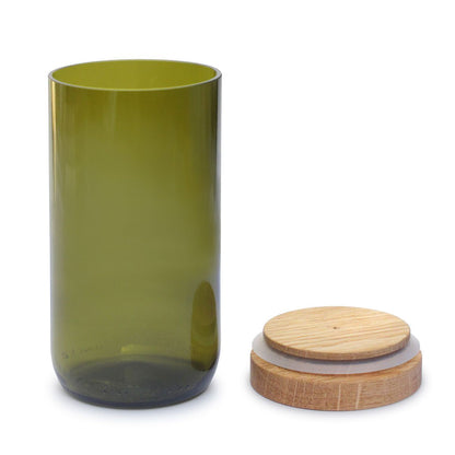 Vorratsglas mit Eichenholz-Deckel, aus recycelten Weinflaschen